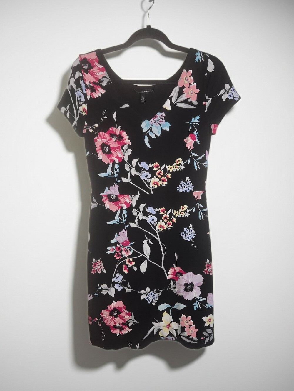 White House Black Market Black Floral A-line Mini Dress With Cap Sleeves Size S